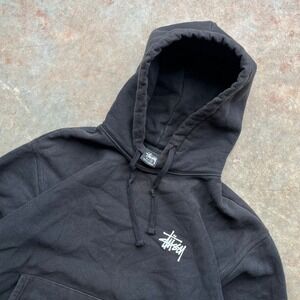 VTG Y2K Stussy Sunfaded Black Hoodie Sweatshirt Men's Size M Logo Front Back